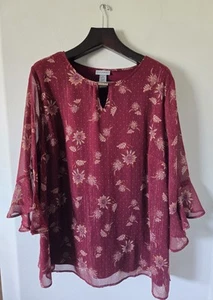 Catherines Burgundy Floral Top Sheer Lined 3/4 Ruffle Sleeves 1X Metallic Thread - Picture 1 of 10