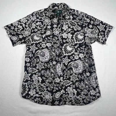 Camisa Hunt Club Negra Blanca Floral Paisley Abotonada Manga Corta Talla Pequeña Foto 1 de 4