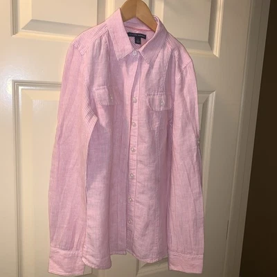 Mujer Banana Republic Talla 0, Rayas Rojas Suave Lavado Abotonado Camisa Lino Cuna Foto 1 de 4