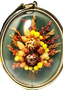 Vintage Dried Flower Floral Arrangement Domed Glass Frame Wall Hanging - Picture 1 of 12