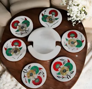 4" Marble Tea Coaster Set Semi Precious Stones Floral inlay Art coaster set Deco - Foto 1 di 7