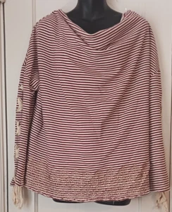 POL Damen Pullover burgund & beige gestreift bestickt Armschnürsenkel Wasserfallausschnitt L - Bild 1 von 13