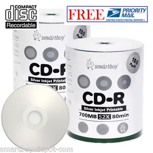 200 pz SmartBuy CD-R 52X 700 MB/80 min argento disco multimediale di registrazione stampabile a getto d'inchiostro - Foto 1 di 4