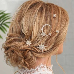 5 Pcs Star Crystal Hair Pins Moon & Star Bridal Hair Accessories Gold - Picture 1 of 7