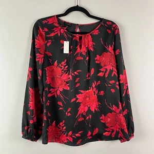 Talbots Red Black Floral Popover Blouse Size XS Keyhole Neck Long Sleeve - Picture 1 of 10