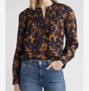 Caslon Women Size XL Floral Print Top in Tan Navy Zinnia Long Sleeve Blouse NWT - Picture 1 of 15