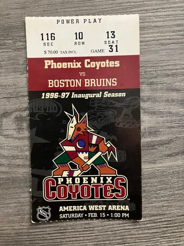 1996-97 NHL Phx Coyotes vs Boston Bruins Inaugural Season Ticket   Keith Tkachuk Cover