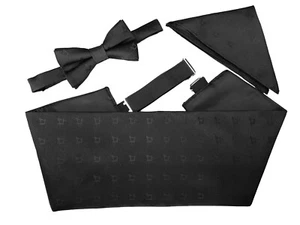 Masonic Cummerbund Bow Tie Set Black with Square and Compass Motifs - Picture 1 of 2