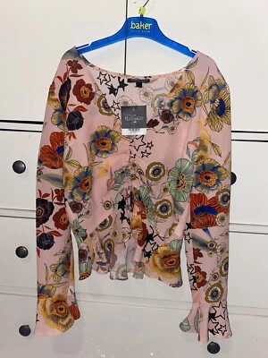 topshop pink floral Multi Print Tie Front blouse Cropped petite size UK 4 BNWT - Image 1 of 4