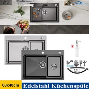 Einbauspüle Küchenspüle Spülbecken Rechteck mit Abtropfkorb 68x48cm Edelstahl  - Bild 1 von 25