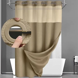 No Hook Shower Curtain with Snap in Liner Set Less Time Beige Waffle Shower Curt - Picture 1 of 8