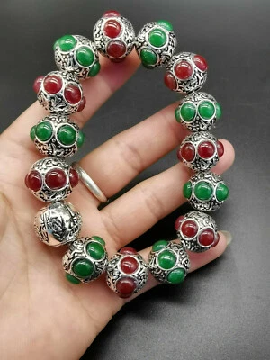 China old Tibet silver carving Tibetan silver inlaid red Green jade bracelet - Image 1 of 4