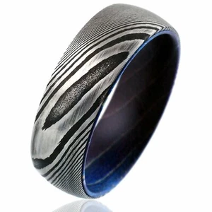 Wood Grain Damascus Steel Band with Blue Inner Band * Size 10 - Picture 1 of 4