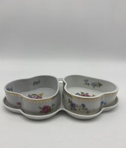 Victoria China Cecoslovacca a due lati a forma di piatto floreale e bordo oro cuore - Foto 1 di 12