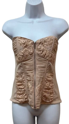 BeBe Y2K Shirred Silk Lace Corset Bustier Top Metal Zipper Front Boning M NEW - Image 1 of 4