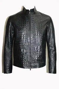 Men's Real Cow Leather Pattern Crocodile Jacket Biker Motorcycle Black Coat - Picture 1 of 7