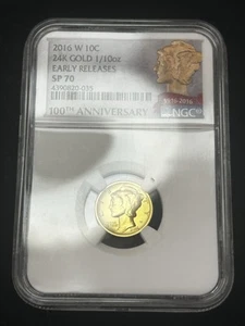SASA 2016 W 10C Mercury Dime 1/10 Oz Gold - NGC SP70 - Early Releases - Picture 1 of 5