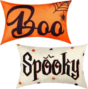2 Pieces Halloween Pillow Throw Cover Halloween Fabric Linen Cushion Cover Boo S - Picture 1 of 12