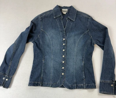 Christopher & Banks Denim Jean Jacket Small Blue Stretch Silver Snap Front Weste - Image 1 of 4