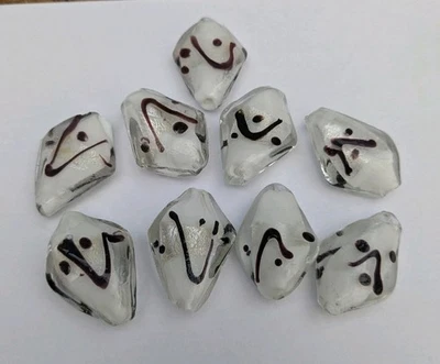 Handmade Lampwork Diamond Shape Glass Beads White Black Silver X9 30 Mm Approx - Image 1 of 3