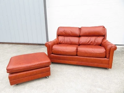 SOFÁ DE 2 PLAZAS DE CUERO GENUINO VINTAGE SOFÁ DE DOS PLAZAS CON REPOSAPIÉS BANCO OTOMANA ~ MCM Foto 1 de 4