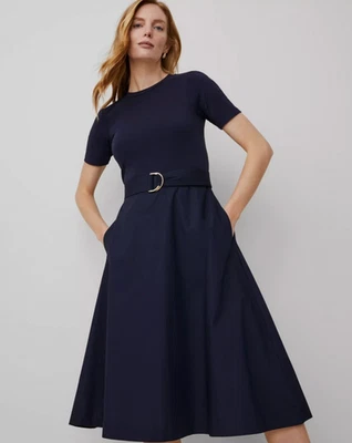 НОВЫЙ С ЯРЛЫКАМИ ANN TAYLOR НОЧНОЕ НЕБО СИНИЙ СМЕШАННЫЕ МЕДИА FLARE MIDI ПЛАТЬЕ РАЗМЕР 2 - Изображение 1 из 4
