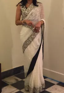 Wunderschöne schwarz/weiße Designer Chiffon Saree mit bestickter Bluse - Bild 1 von 8