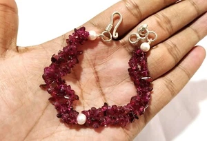 7"inch Bracelet Natural Garnet Chips 4-6mm With Pearl Round Smooth Beads B10 - Picture 1 of 3