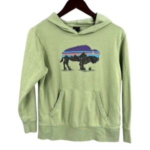 Patagonia Kids Hoodie Green Buffalo Graphic Organic Cotton Blend Size XL - Picture 1 of 5