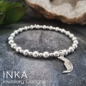 925 Sterling Silver 5mm beaded Stacking Bracelet with a Crescent Moon charm INKA - Picture 1 of 7