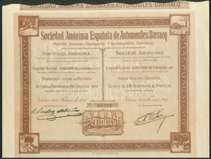 Spain: S. A. Espanola de Automoviles Darracq, 100 peseta share, 1907 - Picture 1 of 1
