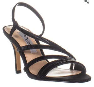  Nina, Black Luster Satin Leather Sandals. Open toe high heels  - Picture 1 of 2