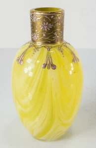 Antique Bright Yellow Swirled Bohemian Moser Harrach Enameled Glass Perfume Vase - Picture 1 of 10