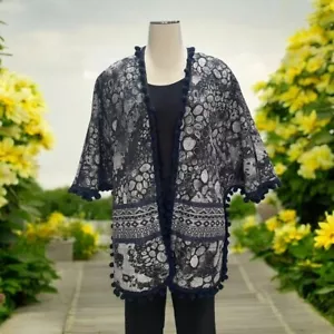 Soft Surroundings L/XL Kimono Jacket Batik Print Boho Chic Pom Pom Trim Festival - Picture 1 of 10