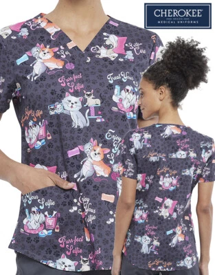 Cherokee Medical Damen-Kasack Schlupf ck652sfec - Selfie Katzen - Lila - XXS-5XL