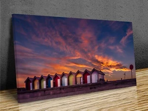 Vibrant Beach Huts at Blyth mounted canvas print ready to hang - Picture 1 of 8