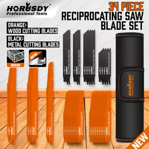 34Pc Reciprocating Saw Blade Set Wood Metal Sheet Cutting 3-24TPI With Pouch - Picture 1 of 10