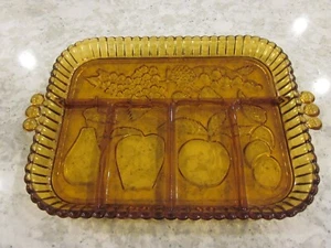 INDIANA GLASS RELISH SERVING TRAY AMBER 5 PART FRUIT DESIGN VERY NICE 12" X 9" - Picture 1 of 4