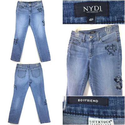 NYDJ Womens Sz 4 Petite (30 in Waist) Blue Floral Embroidered Boyfriend Jeans - Image 1 of 4