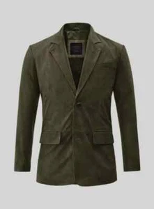 Men's Olive Green Leather Blazer 100% Pure Suede Leather Jacket 2 Button Blazer - Picture 1 of 13