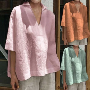 Top Plus Size 8-22 Womens Cotton Linen T-Shirts Baggy Tops Casual Ladies Blouse - Picture 1 of 17