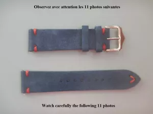 22 mm BRACELET BLEU CUIR VÉRITABLE NUBUCK COUTURE ROUGE INTERCHANGEABLES - Imagen 1 de 14