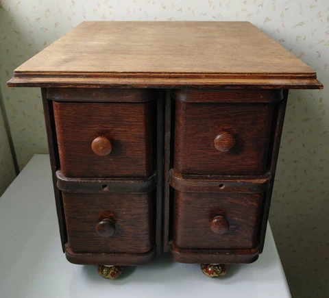 Antique Wood Apothecary Spice Sewing Chest Card Cabinet Freestanding 4 Drawers Cover
