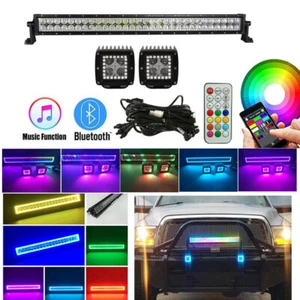 32'' LED Light Bar + 2pcs LED Pods Lights RGB Chasing Halo Ring Combo APP+Remote - Foto 1 di 10