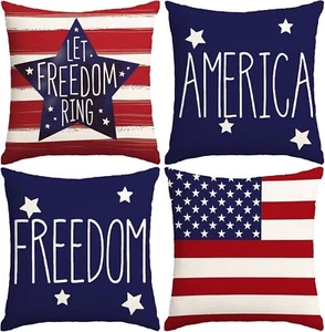 4Th of July Pillow Covers 18X18 Inch,Set of 4 Patriotic Red White Blue Summer Ou - Picture 1 of 5