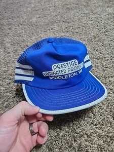 VTG Blue Trucker Cap Mens 3 Stripe Prestige Laminated Products Made In USA - Picture 1 of 9
