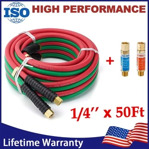 Upgrade Oxygen Acetylene Hose 1/4"×50ft 9/16"-18 B fittings&Flashback Arrestors - Picture 1 of 12