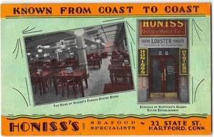 HONISS'S Seafood HARTFORD, CT Roadside Oyster House 1930s Vintage Postcard - Picture 1 of 2