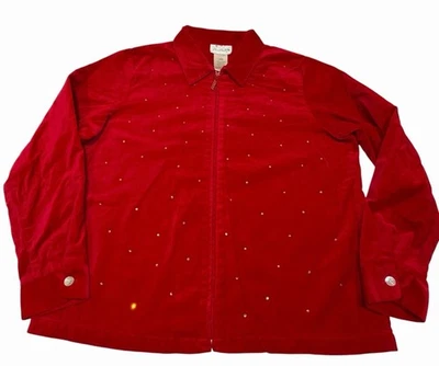 Quacker Factory Jacket Womens Size L Red Velvet Rhinestone Long Sleeves Top Zip - Image 1 of 4