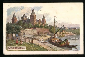 Künstler-AK Aschaffenburg, Uferpartie mit Schloss, Segelboot  - Picture 1 of 2